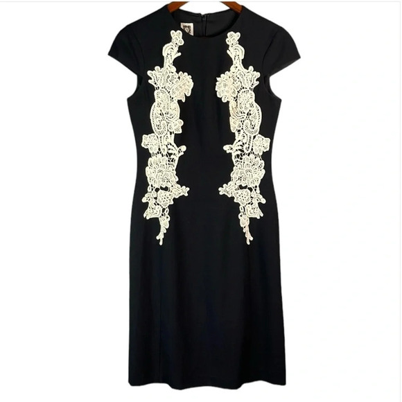 ANNE KLEIN Dainty Dress Black White Lace Appliqué Sheath Midi Cap Sleeves Size 4 - Picture 2 of 11